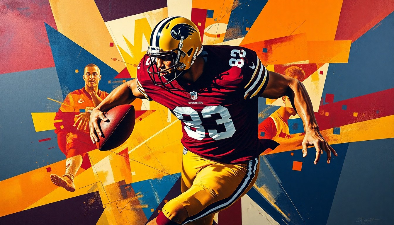 A cubist-style painting depicting a football player in motion, broken down into sharp, overlapping geometric shapes in burgundy, gold, and navy blue colors.