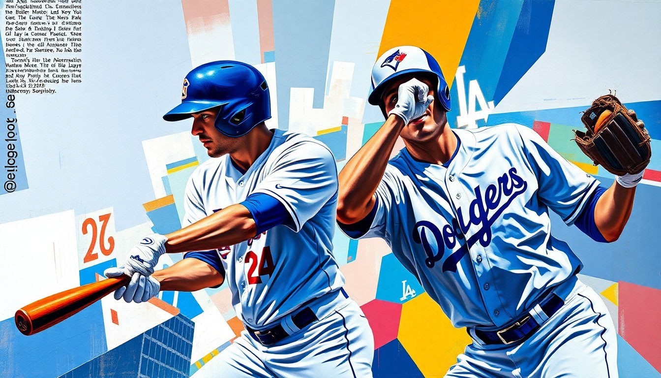 A fractured, multi-perspective painting depicting a baseball player's motion broken down into sharp, overlapping geometric planes in the colors of the Toronto Blue Jays and Los Angeles Dodgers uniforms, conceptually representing the complex decision-making process behind Kyle Tucker's free agency choice.