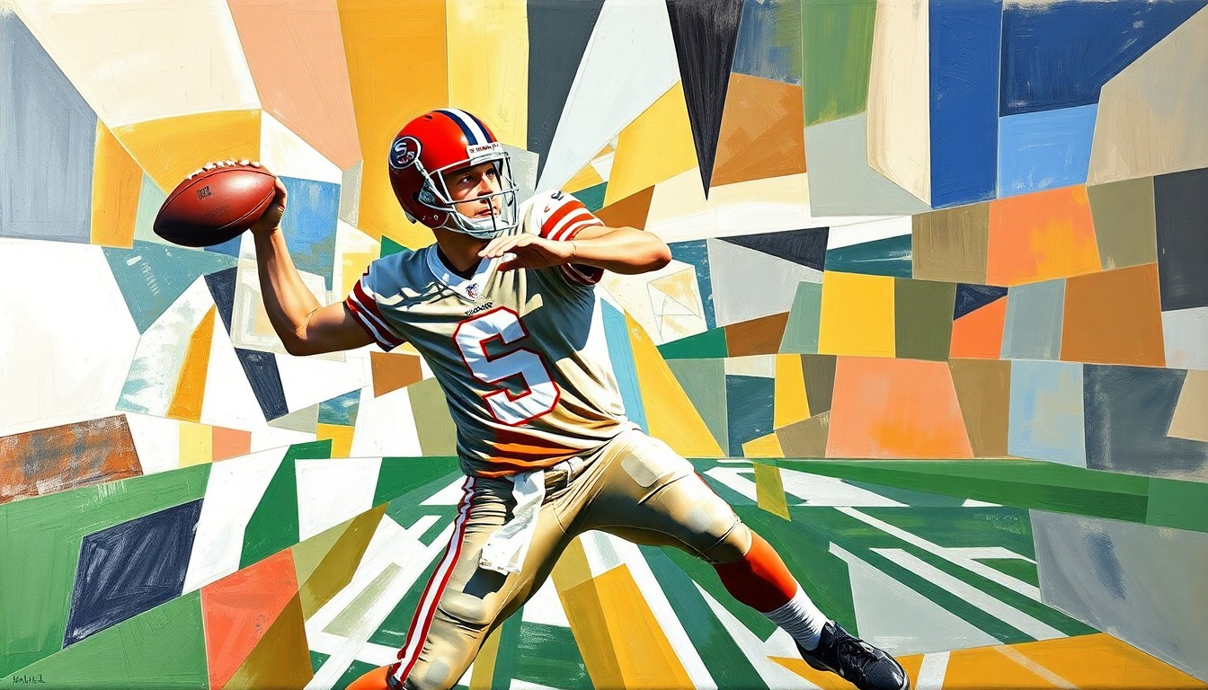 A cubist-style painting depicting the fractured, geometric movements of a college football quarterback's throwing motion, conveying the dynamic energy of the sport.