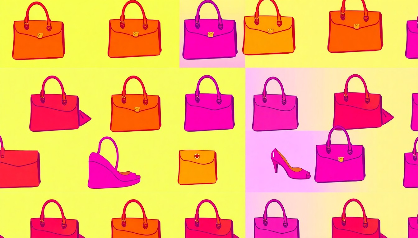 A vibrant, high-contrast silkscreen print of a single, iconic luxury shopping item such as a designer handbag or pair of shoes, repeated in a tight grid pattern to capture the exclusive, elevated shopping experience of Selfridges' new 40 Duke club.