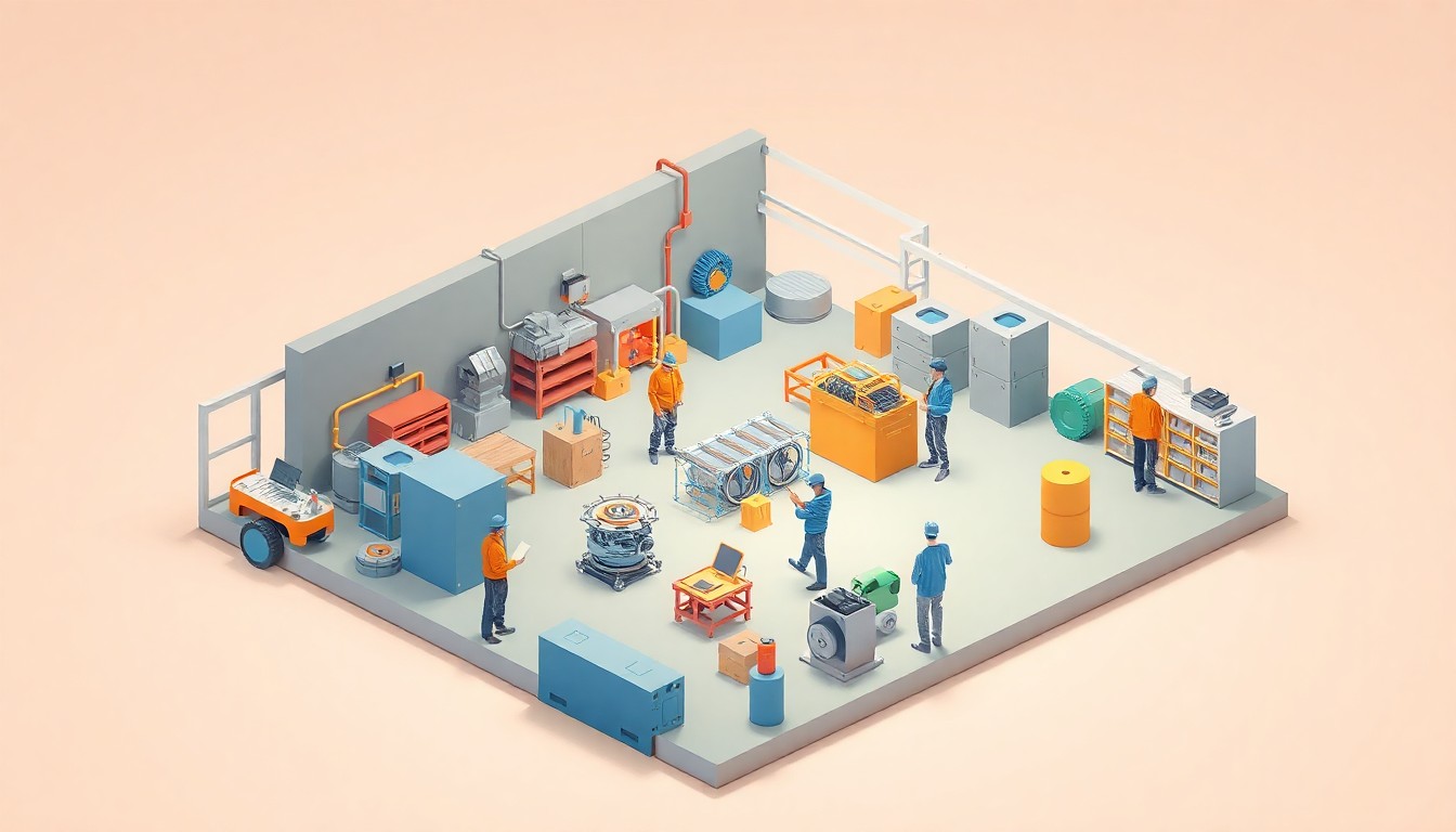A miniature, stylized 3D scene of a remanufacturing facility with students and workers engaged in various circular economy processes, represented through bold colors, smooth textures, and soft lighting to conceptually illustrate the intersection of engineering, sustainability, and innovation in the industry.