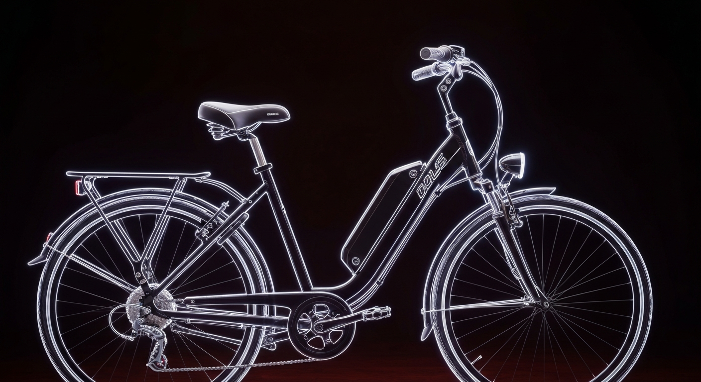 A minimalist design in the style of Keith Haring where the outline of an e-bike is defined entirely by vibrant neon lines against a deep, dark background, emphasizing the shape and electricity of the vehicle.