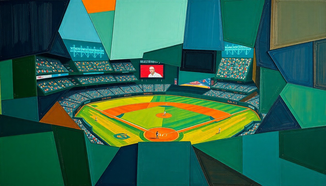 A fragmented, geometric painting depicting a baseball game, with sharp overlapping planes of navy, green, and orange hues representing the chaotic defensive plays that led to Jeffersonville's victory.