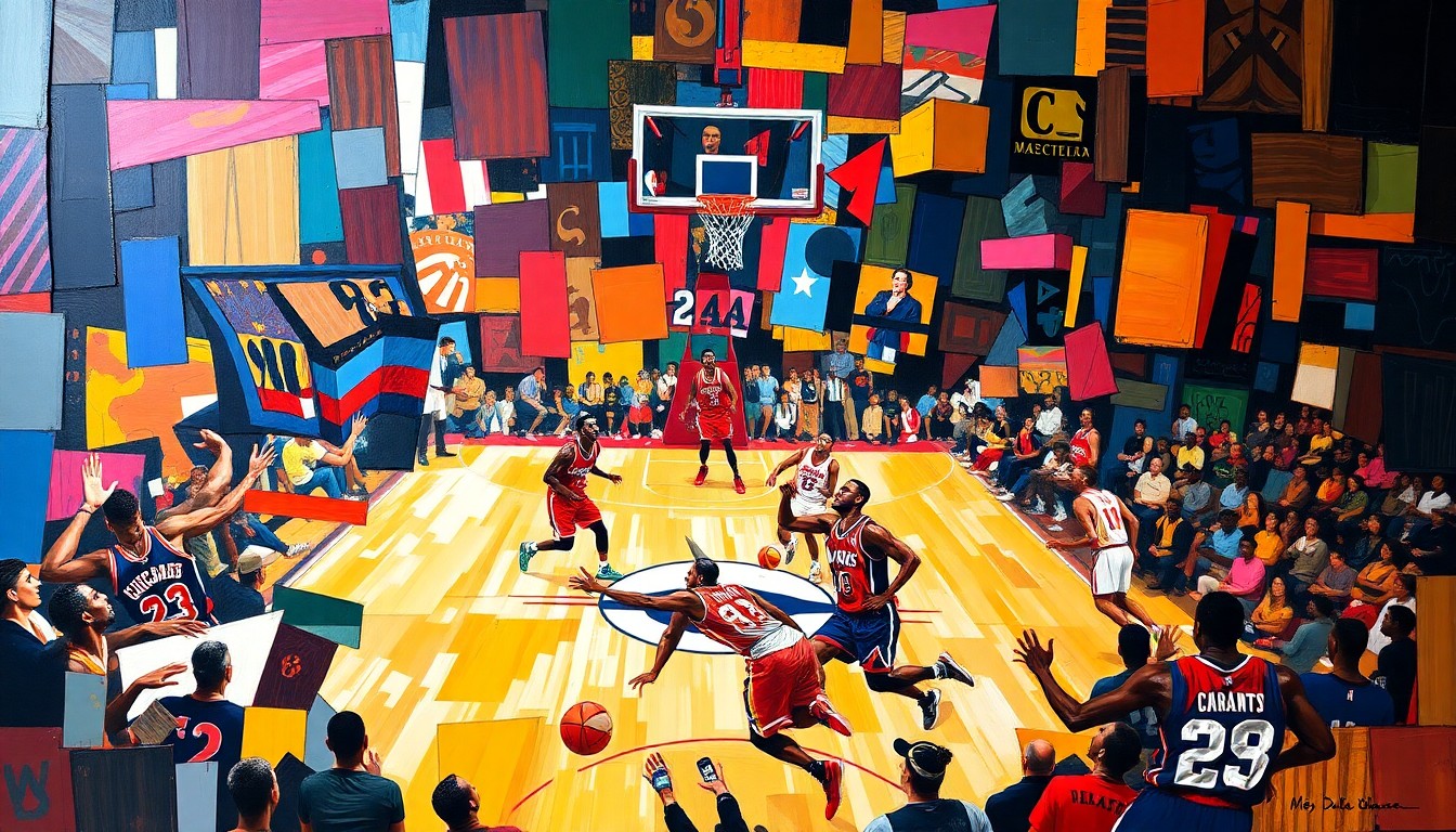 A cubist, multi-perspective painting featuring fragmented, overlapping geometric shapes in the colors of the Chicago Bulls and Washington Wizards uniforms, capturing the abstract energy of a basketball game between the two teams.