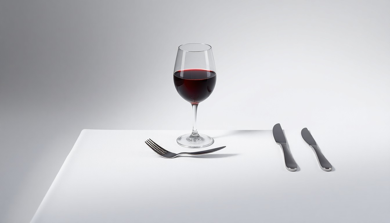 A high-end, photorealistic studio still-life photograph featuring a polished metal restaurant table setting with a white tablecloth, a glass of red wine, and a single fork and knife arranged elegantly on a clean, monochromatic background, conceptually representing the refined dining experience of Darden's restaurant brands.
