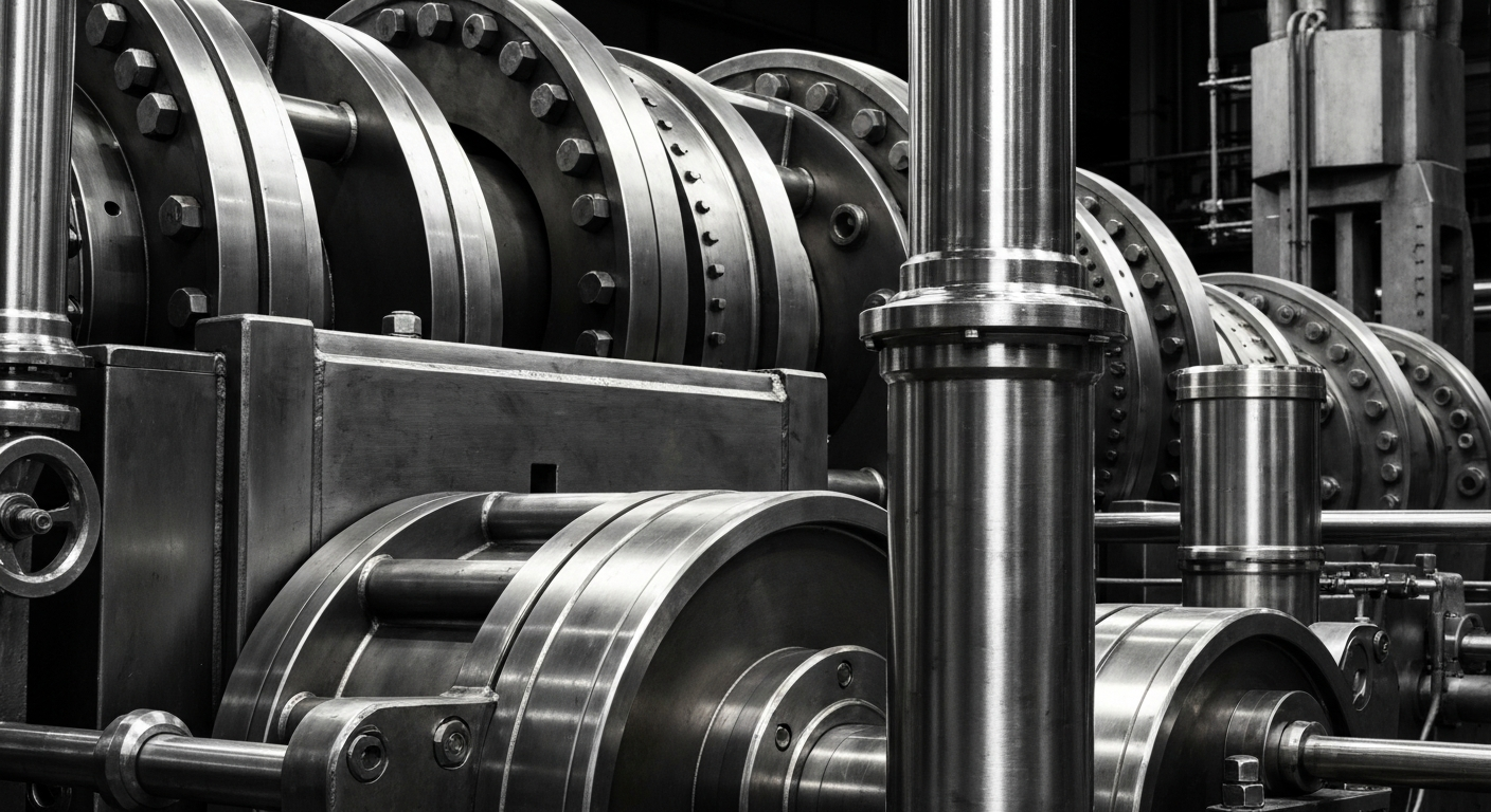 An extreme close-up of gleaming, intricately detailed steel machinery and equipment, conveying the industrial might and technical precision of the steel production process.