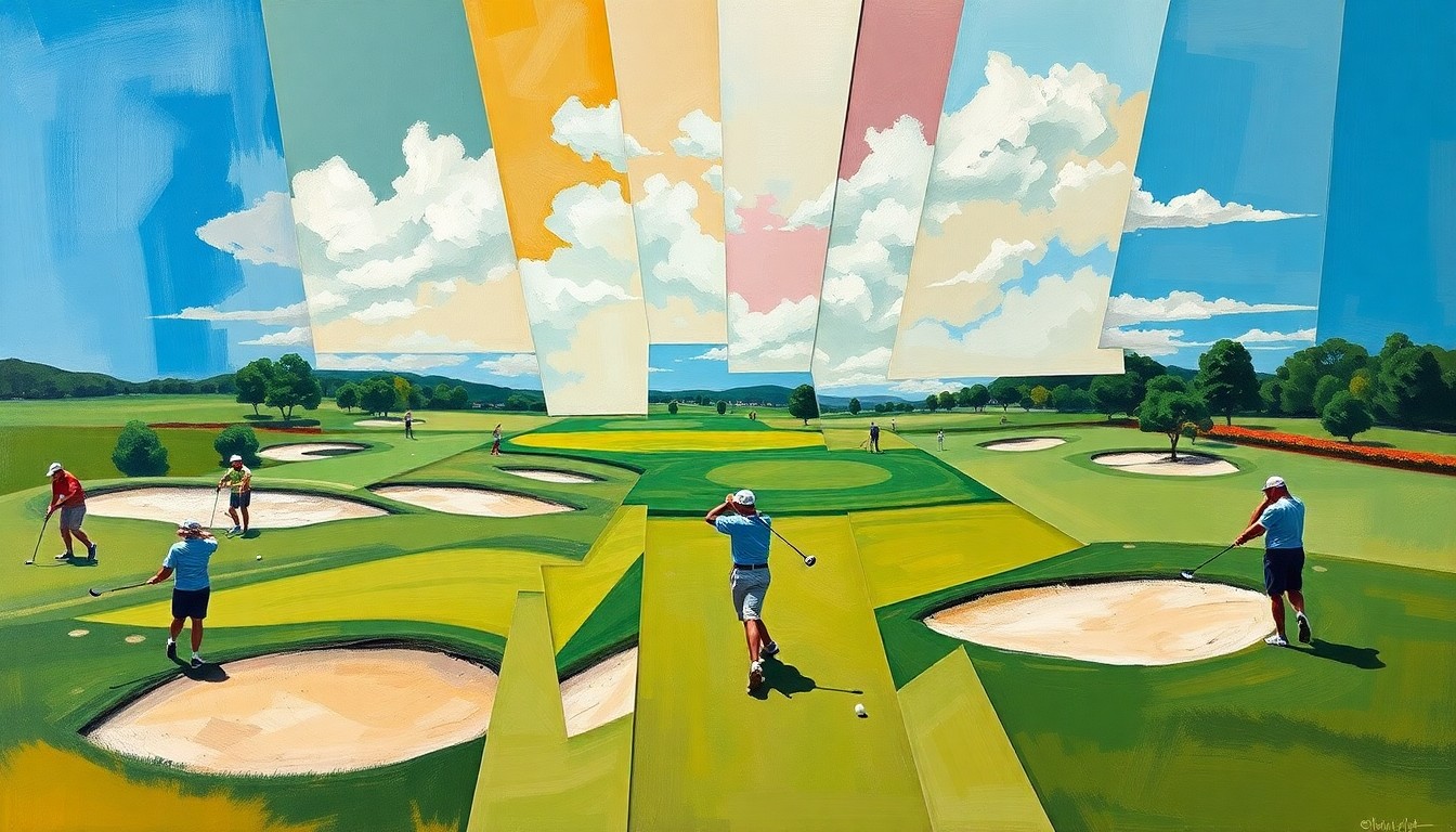 A fragmented, geometric painting depicting the various elements of a high school golf match - fairways, sand traps, players swinging clubs - broken down into sharp, overlapping planes of color and form.