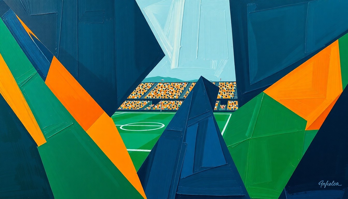 A cubist, multi-angled painting in navy, green, and orange hues depicting the fractured action of a football game, conveying the Cowboys' defensive struggles.