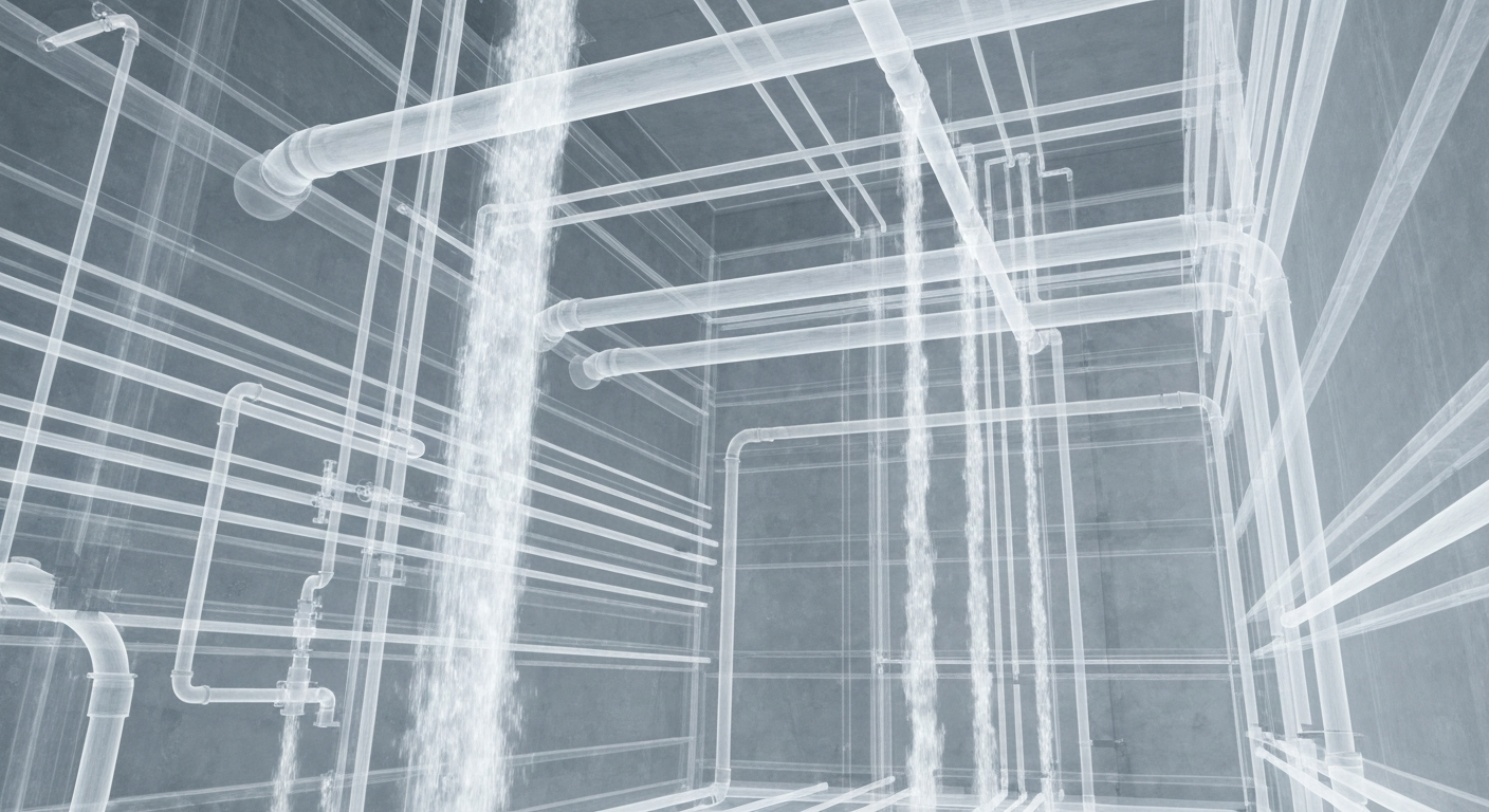 A ghostly, translucent X-ray photograph revealing the intricate internal plumbing and infrastructure of a hospital, with water visibly flowing through the pipes, conceptually illustrating the disruption caused by the water main break.