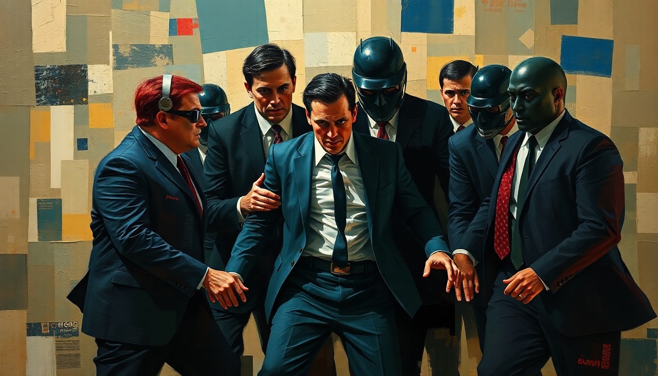 A dynamic, abstract painting featuring overlapping geometric shapes and figures in bold colors, conveying a sense of motion and confrontation around civil liberties issues.