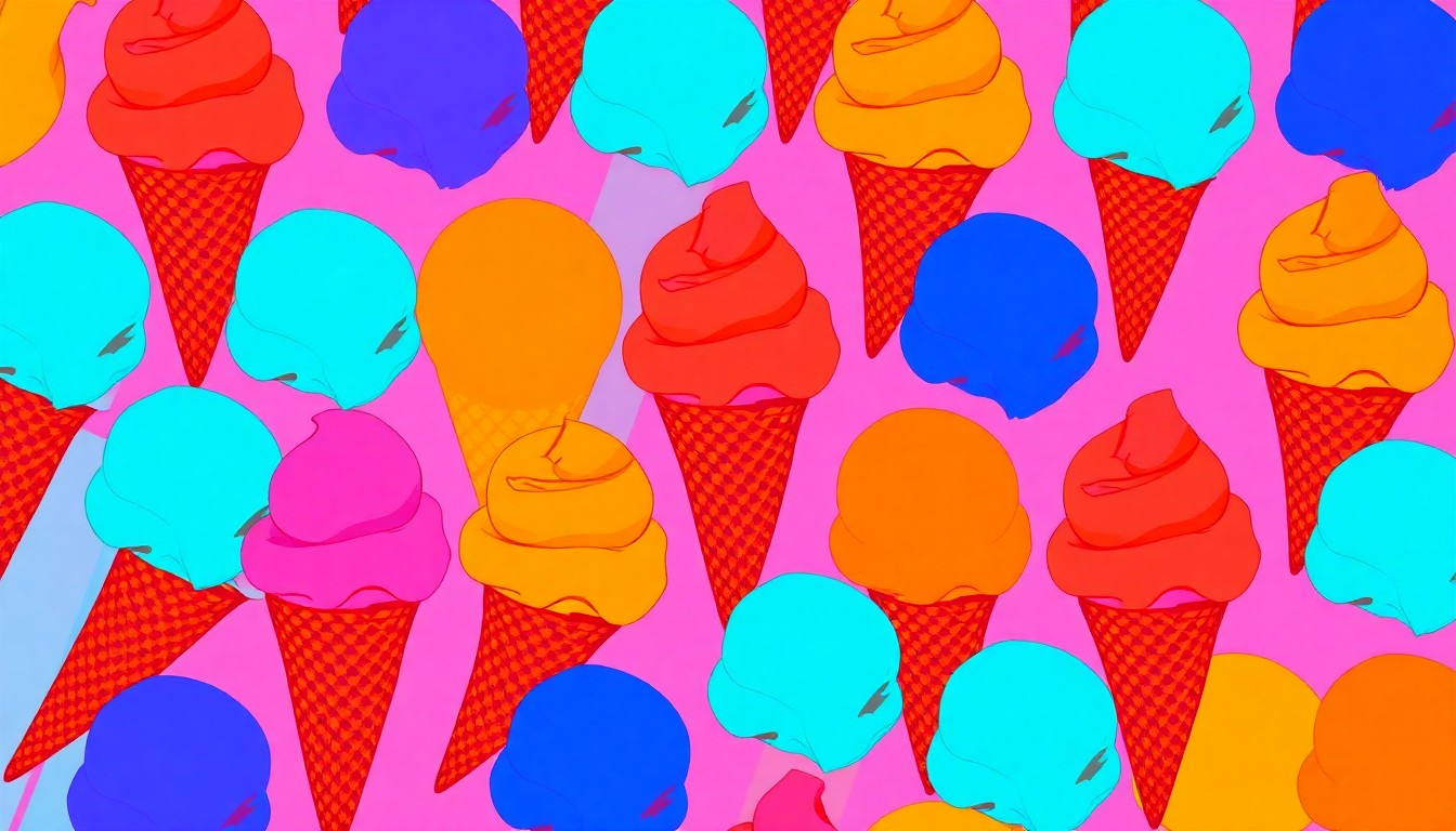 A bold, colorful silkscreen-style illustration featuring a repeating pattern of a single, iconic ice cream cone in neon shades of pink, blue, and yellow, conceptually representing the arrival of the new Dumont Creamery & Cafe in Southlake.