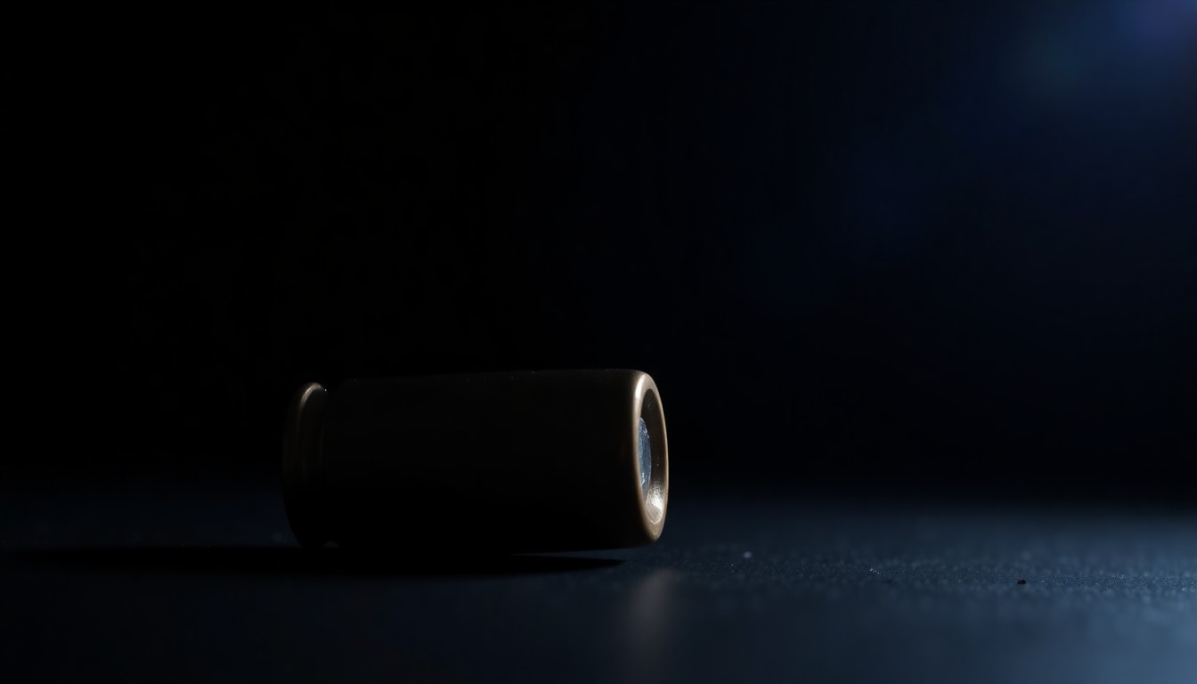 An extreme close-up photograph of a single bullet casing on a pitch-black background, the metallic surface reflecting the harsh light of the camera flash in a dramatic, investigative style.
