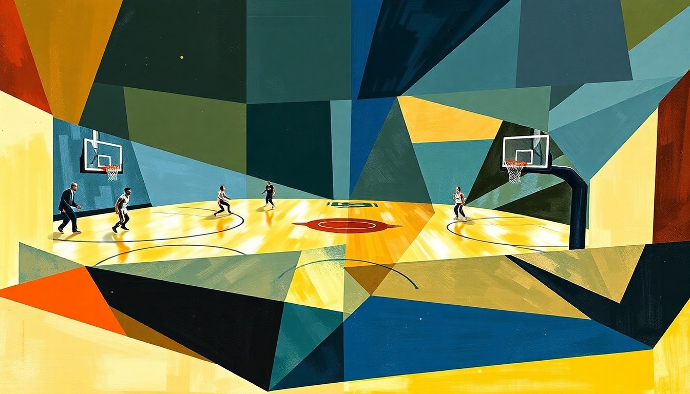 A cubist, geometric painting depicting the chaotic action of a college basketball game, with players' forms and the court's lines broken down into overlapping planes of vibrant color and sharp angles.