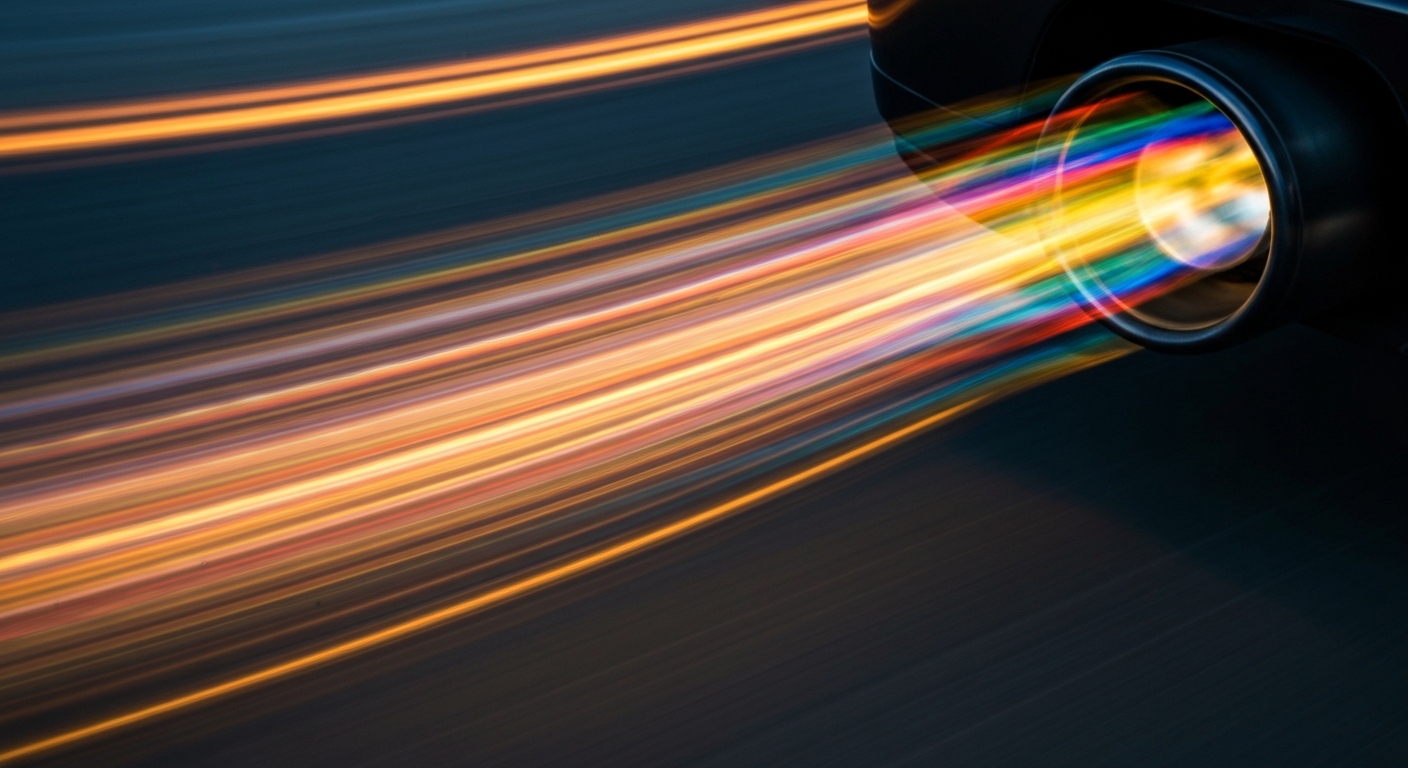 Sweeping, abstract streaks of vibrant color and motion, conceptually representing the speed and energy of an automobile exhaust system.