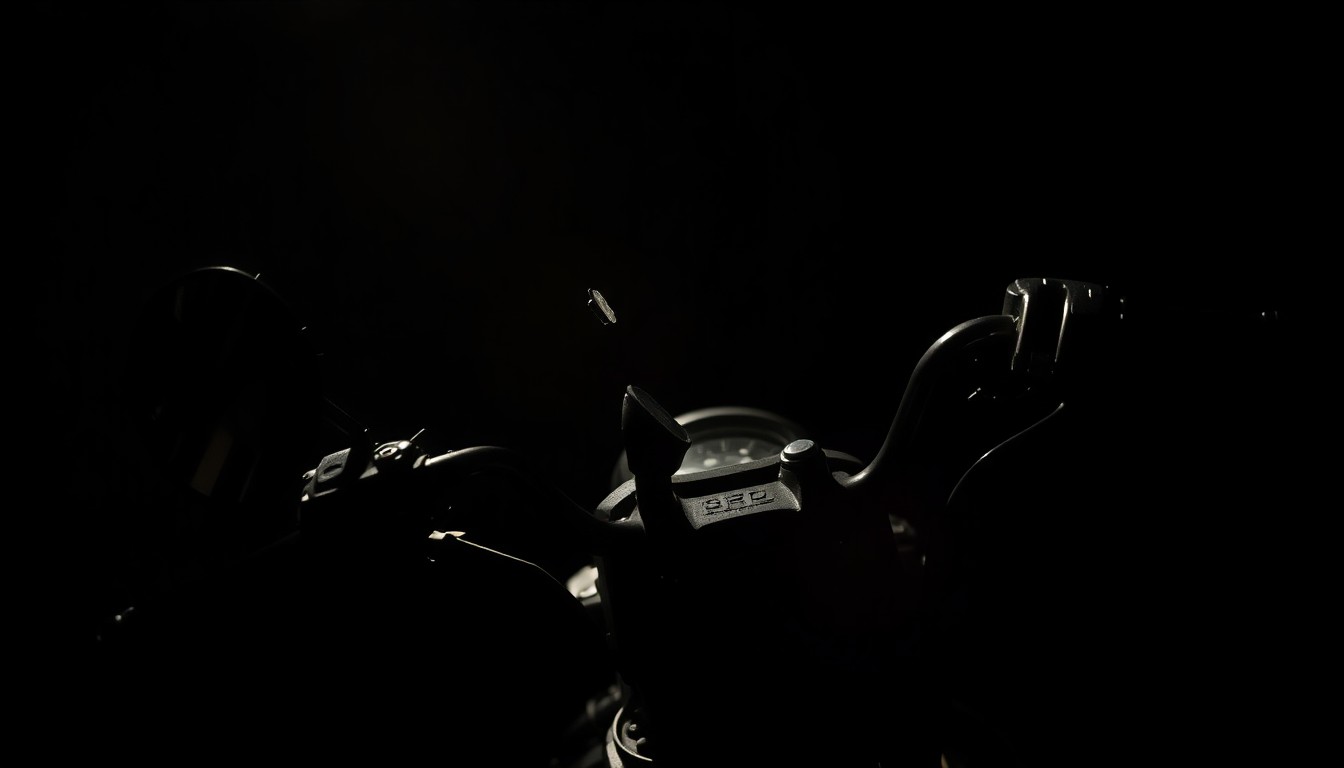 An extreme close-up of a twisted, damaged motorcycle part reflecting a harsh, direct camera flash, conceptually illustrating the aftermath of a fatal crash on a busy urban road.