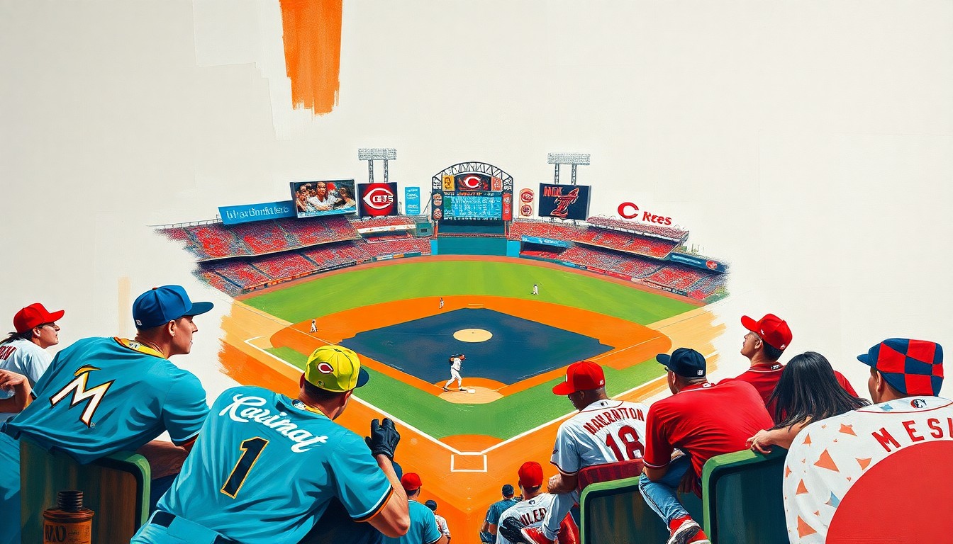 A fractured, geometric painting depicting a baseball game in progress, with the players and field broken down into sharp, overlapping planes of vibrant teal, orange, red, and white colors.