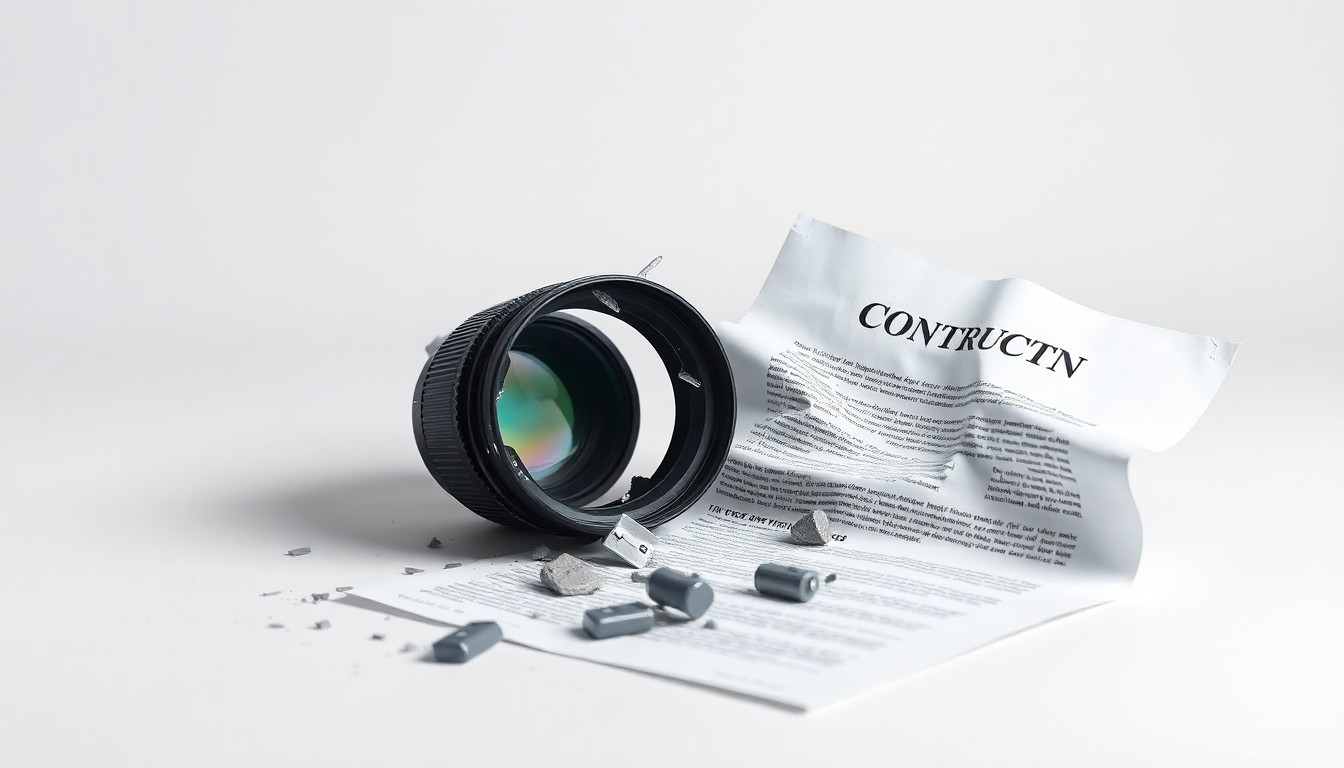 A photorealistic studio still life featuring a shattered TV camera lens and a crumpled contract document on a clean, monochromatic background, conceptually representing the gender discrimination issues raised in Taryn Asher's complaint against her former employer.