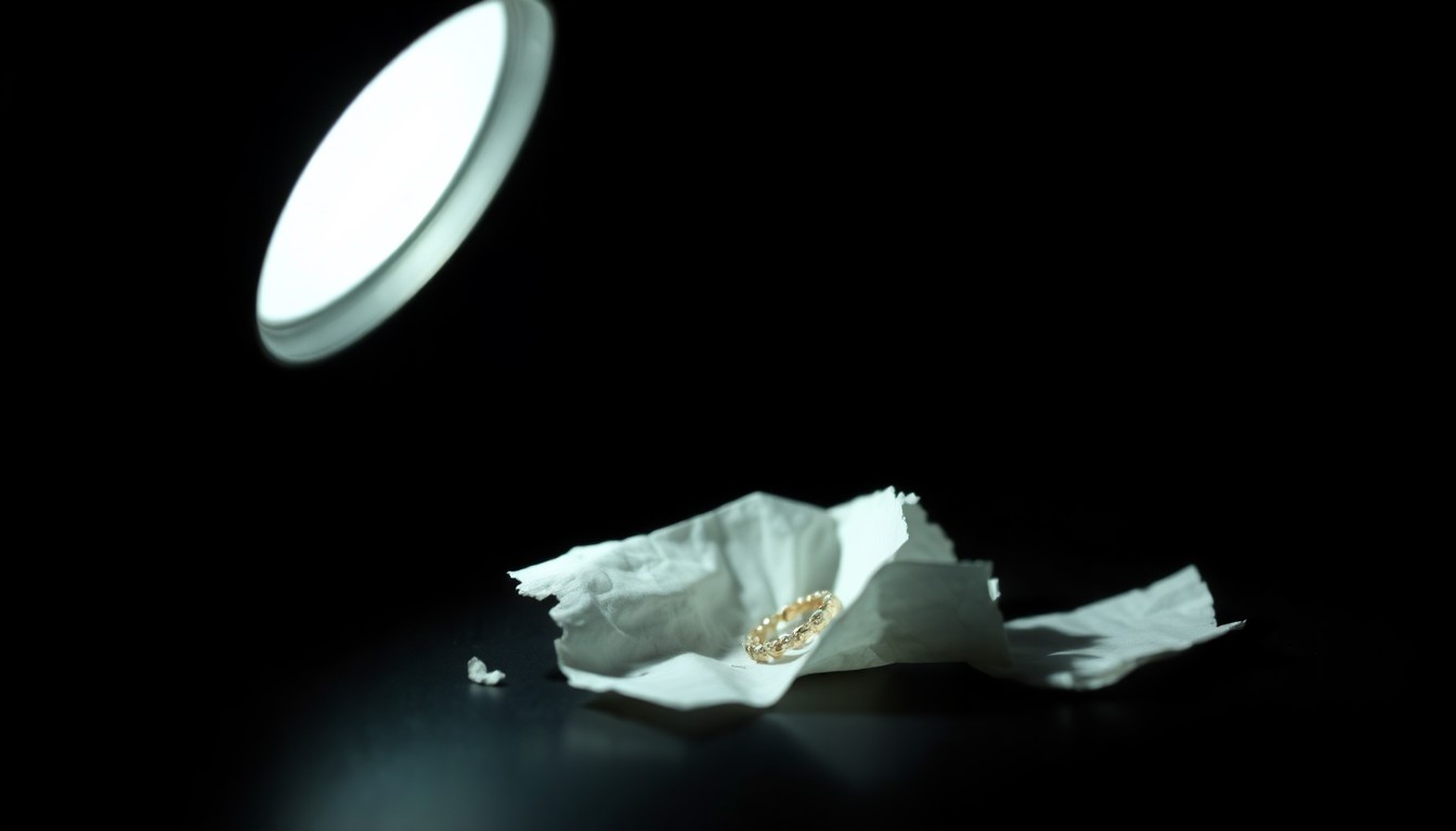 An extreme close-up photograph of a crumpled piece of paper or broken jewelry, lit by a harsh, direct camera flash against a pitch-black background, conveying the stark, gritty nature of a criminal investigation.
