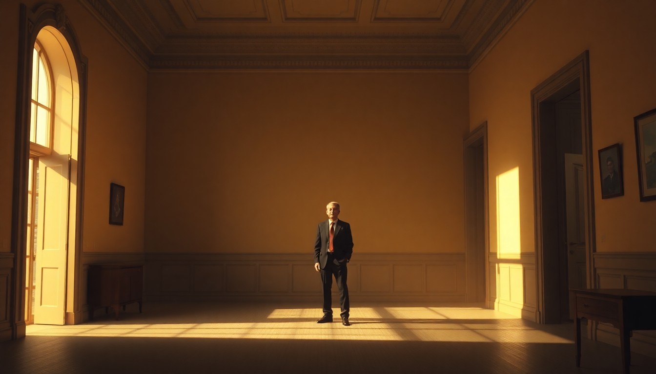 A serene, cinematic painting of a lone politician standing in a sunlit government office, the warm light and deep shadows creating a contemplative, nostalgic mood.