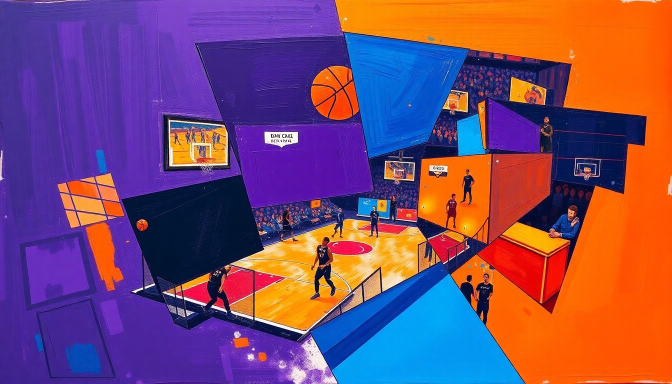 A fragmented, geometric painting in shades of purple, blue, and orange, conceptually representing the uncertainty and anticipation surrounding a star player's return from injury.