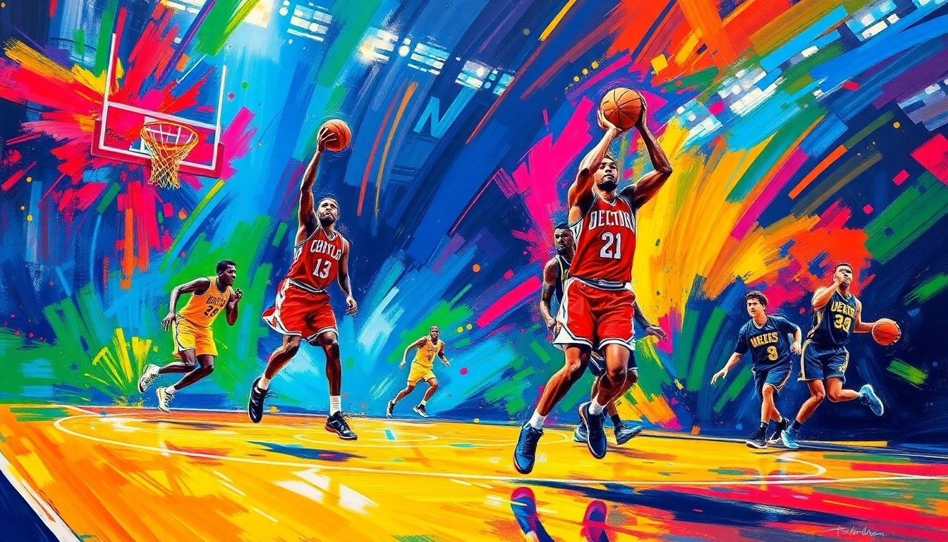 An abstract, energetic painting featuring dynamic basketball players in motion, with vibrant neon colors and expressive brushstrokes capturing the excitement of the Nike Hoop Summit all-star game.