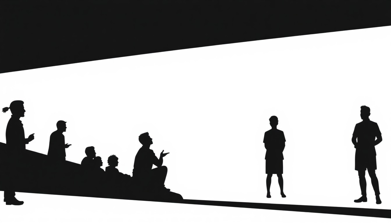 A minimalist, graphic illustration featuring bold black silhouettes and high-contrast solid colors like red and white, conceptually representing the themes of cultural exchange and universal human experiences in Vir Das' stand-up comedy.