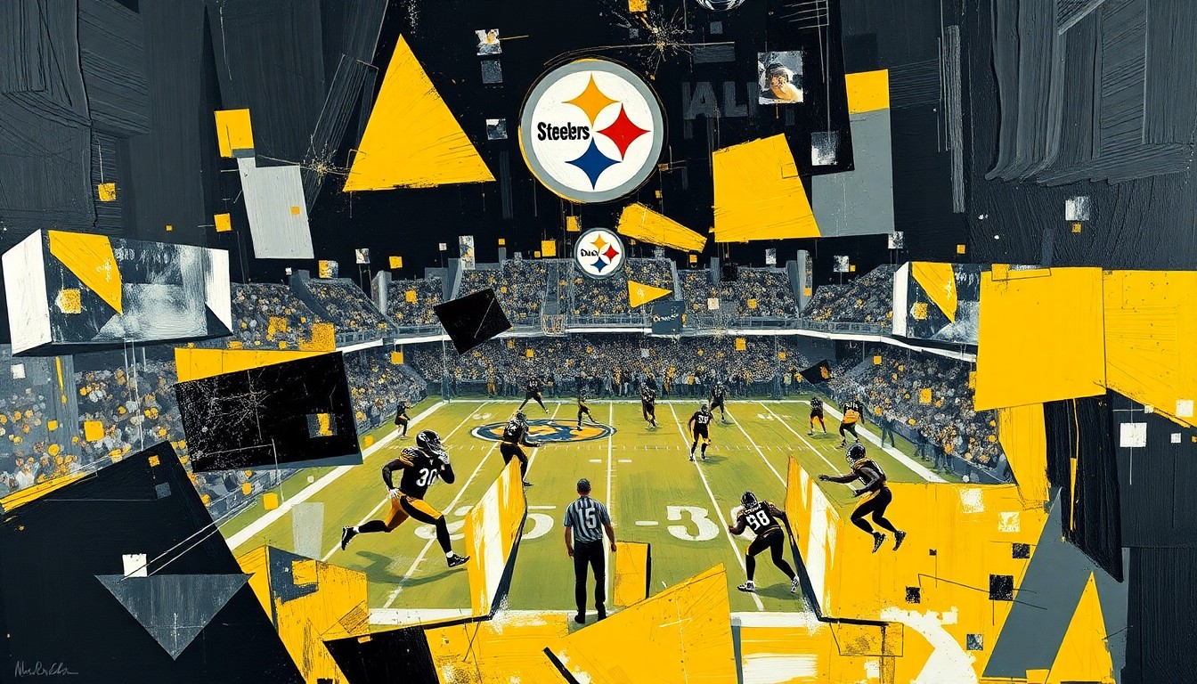 A cubist-style painting depicting fragmented, overlapping geometric shapes in black, gold, and grey, representing the strategic and multifaceted nature of the Steelers' NFL Draft process.