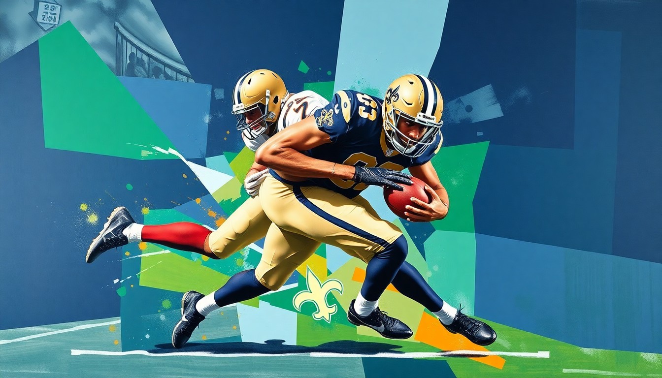 A cubist-style painting depicting the explosive movements and tackles of a football player in shades of navy, green, and gold, representing the New Orleans Saints' team colors.