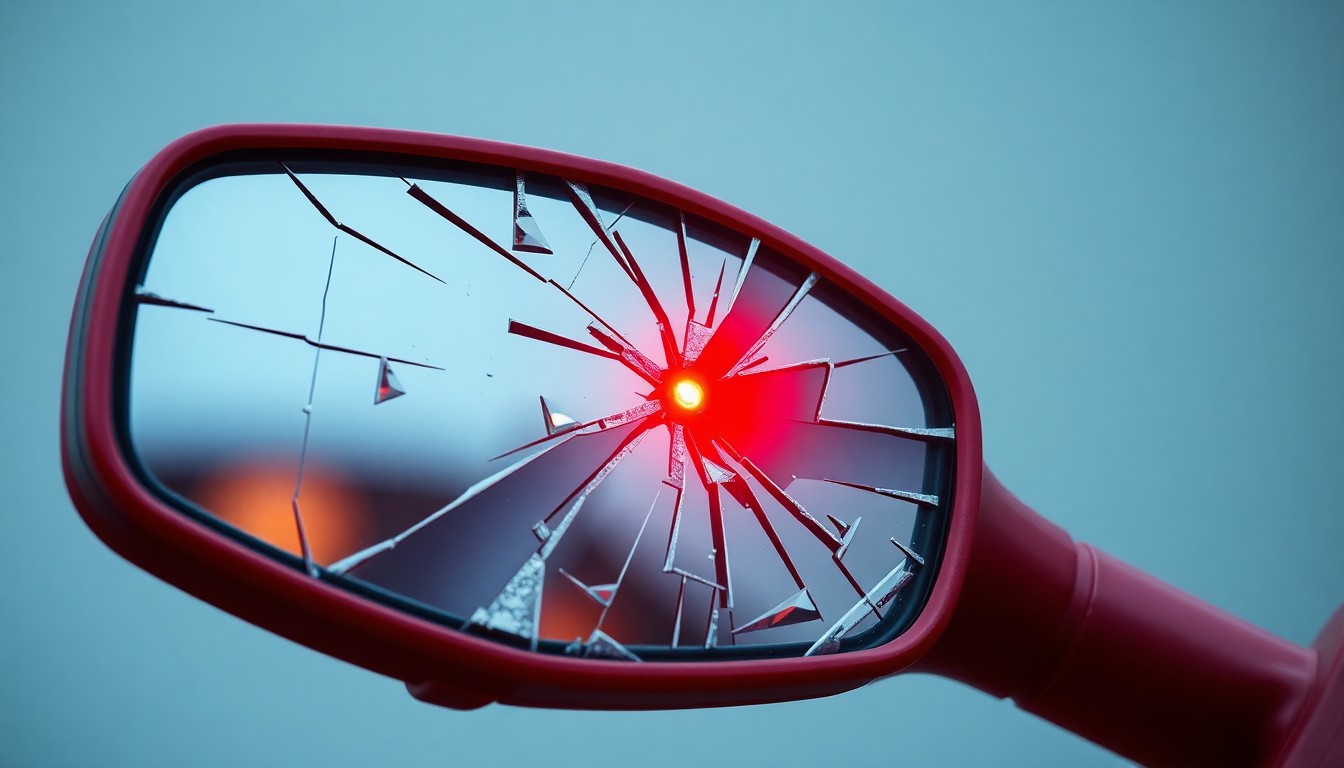 An extreme close-up photograph of a shattered scooter mirror reflecting a single red flashing light, conveying the gritty, investigative mood of the incident through dramatic lighting and stark composition.