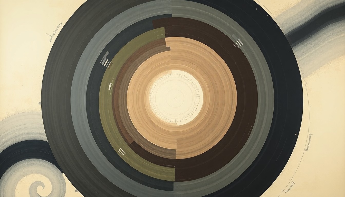 A highly structured abstract painting in soft, muted colors featuring sweeping geometric arcs, concentric circles, and precise botanical spirals, conceptually representing the complex interconnectedness of cancer biology and drug discovery.
