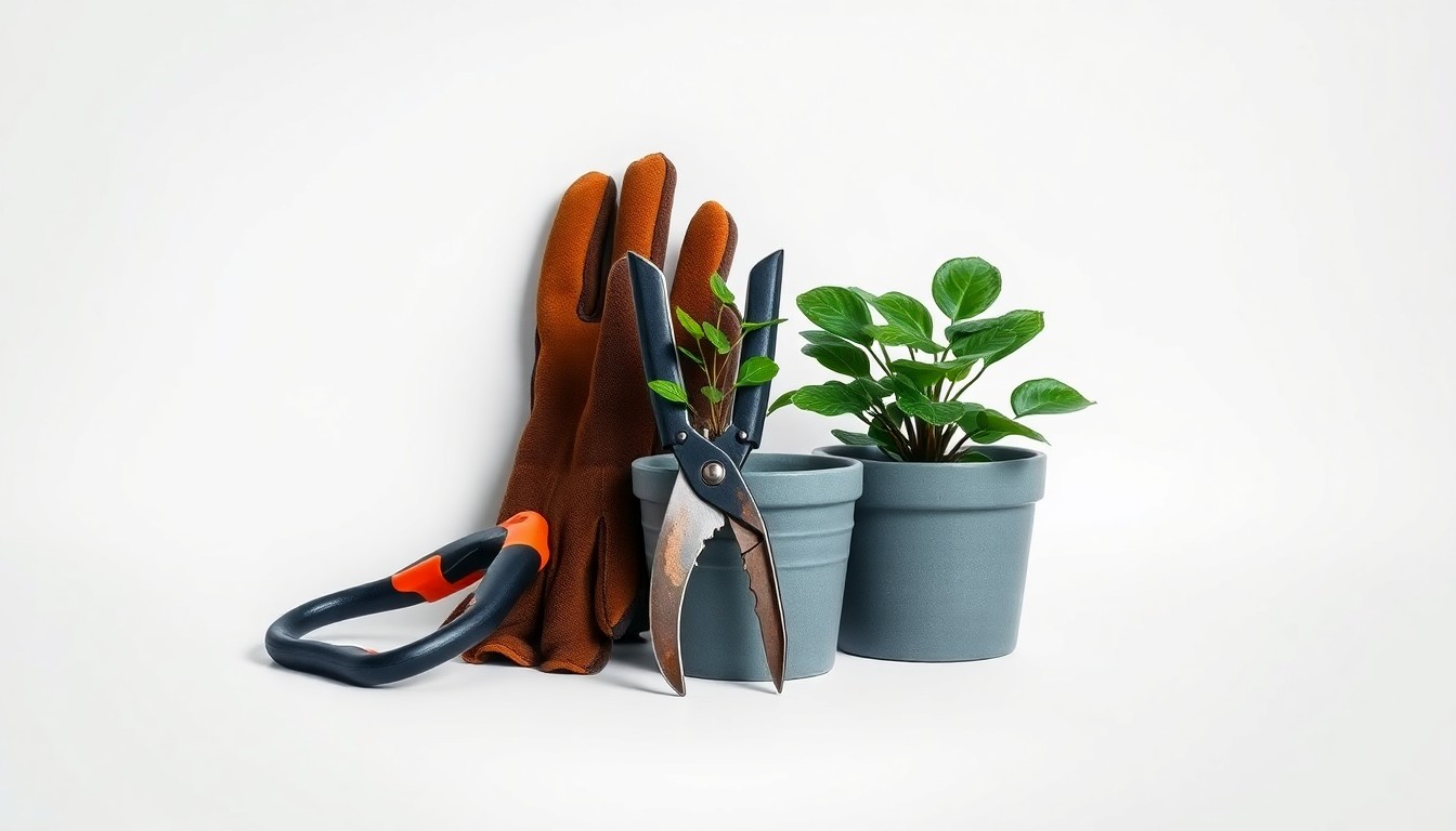 A minimalist studio still life photograph featuring a pair of worn work gloves, pruning shears, and a small potted plant arranged elegantly on a clean, monochromatic background, conceptually representing the hard work, attention to detail, and connection to nature inherent in the landscaping industry.