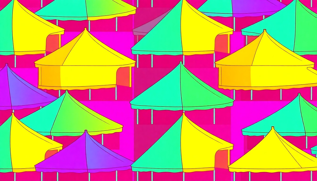A bold, abstract silkscreen print featuring a single party tent icon repeated in a grid of neon colors, conceptually representing the surge in outdoor events in Central Florida.