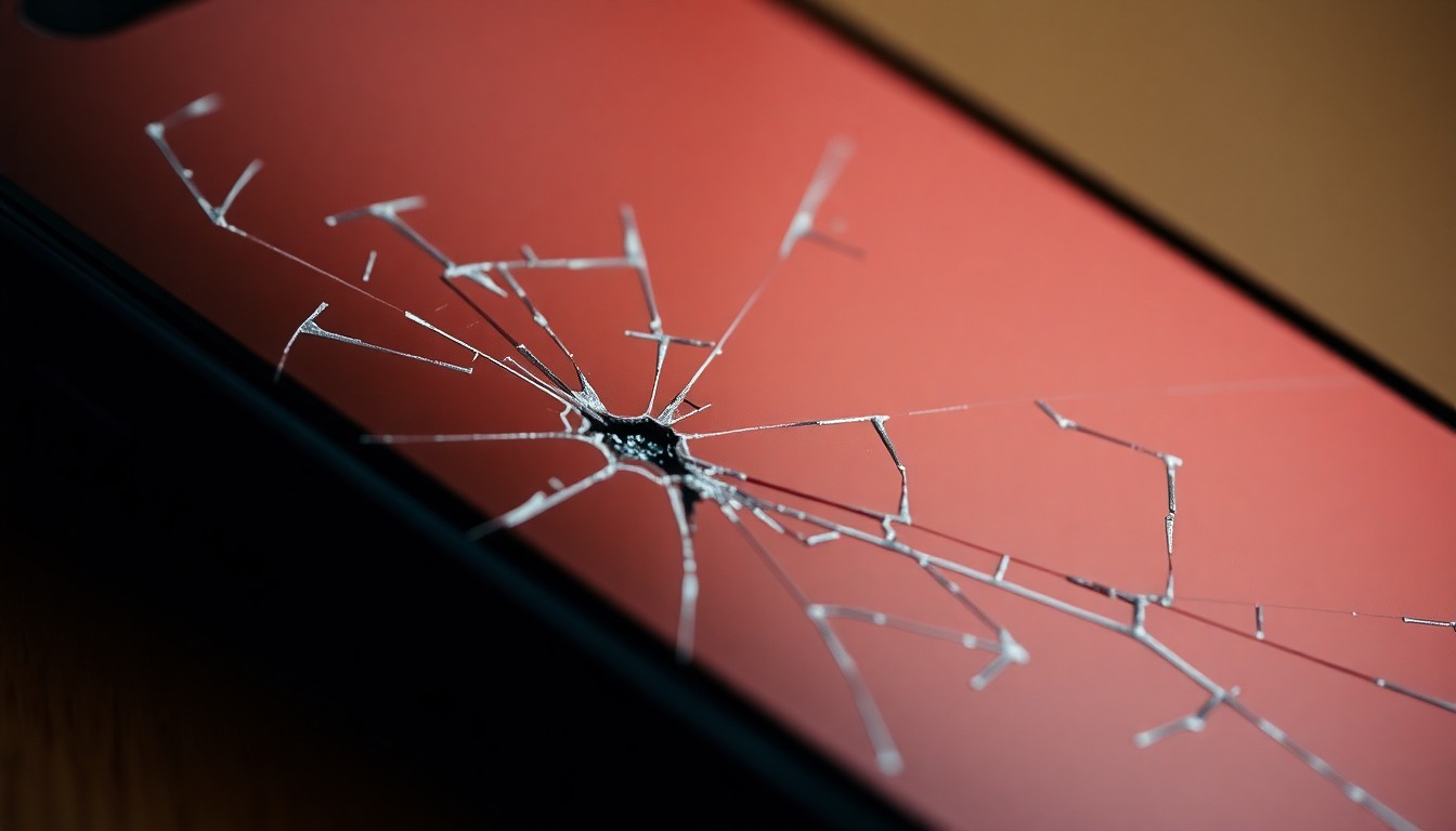 An extreme close-up photograph of a cracked mobile phone screen, conceptually representing the digital evidence used to convict the former teacher of child exploitation charges.