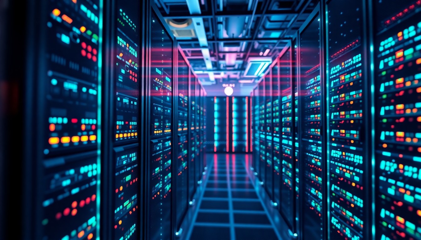 A highly detailed, 3D macro illustration of glowing, neon-lit AI server racks and data center infrastructure, conceptually representing the powerful computational backbone powering Meta's next-generation AI models.