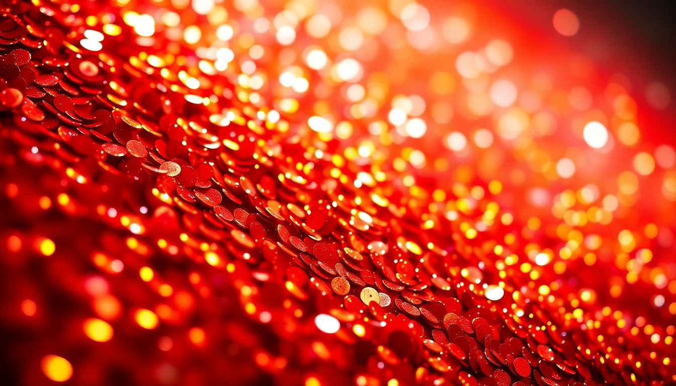 An abstract close-up photograph of shimmering, glittering sequins in a vibrant red and gold color palette, capturing the energy and glamour of a country music concert.