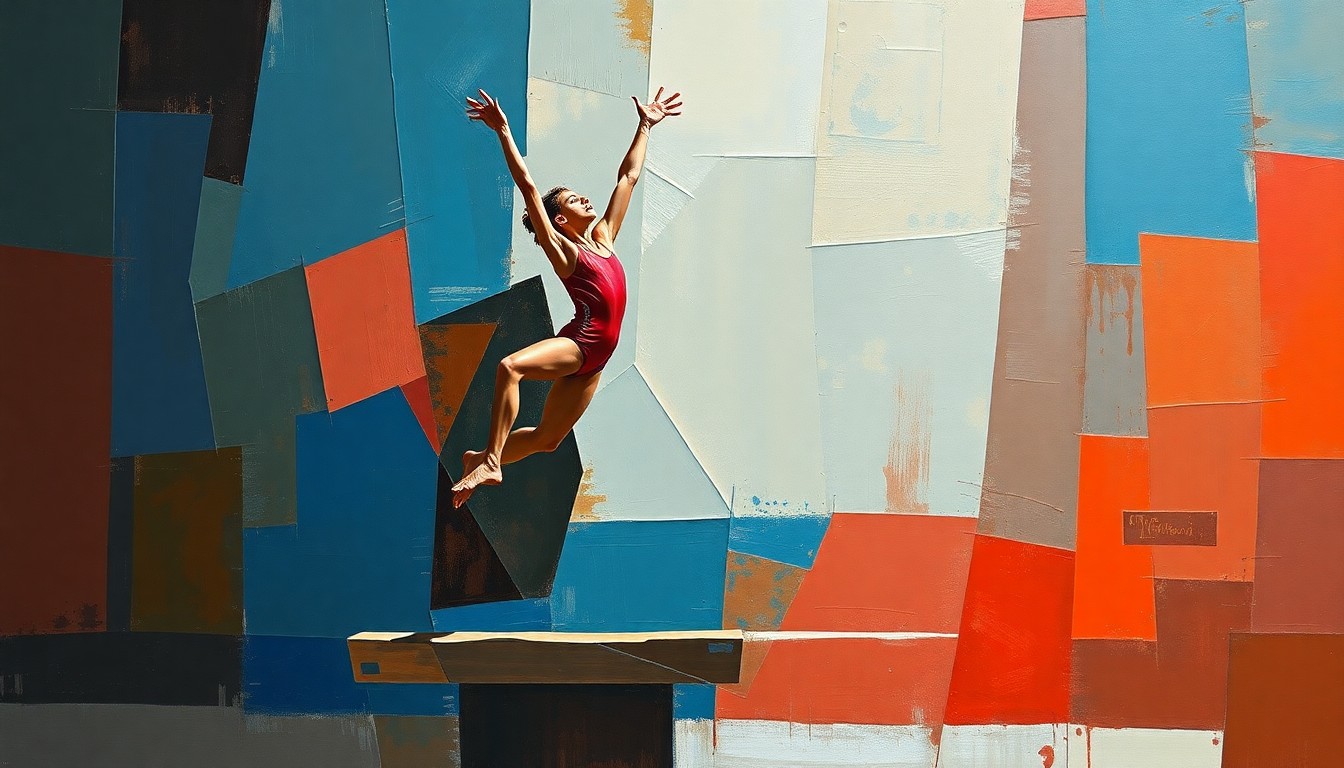 A fractured, cubist-style painting depicting a young gymnast performing on the balance beam, with the figure broken down into sharp, overlapping geometric shapes in a palette of blues, reds, and browns, conceptually representing the development of essential physical skills through gymnastics training.