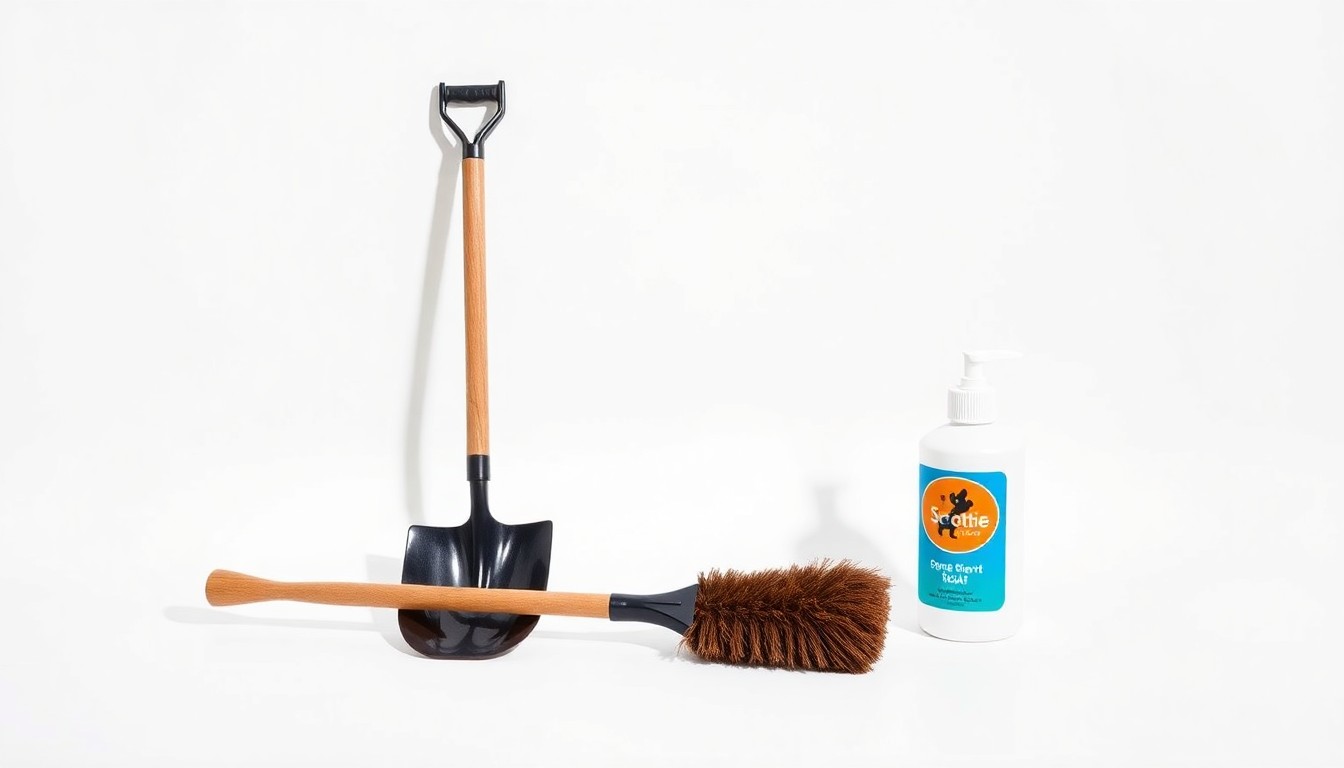 A minimalist studio still life photograph featuring a clean, white background with a neatly arranged set of pet waste removal tools and supplies, including a shovel, a broom, and a bottle of deodorizer. The objects are lit dramatically with sharp shadows, conceptually representing the professional, high-quality nature of Scottie Scoops' pet waste management services.