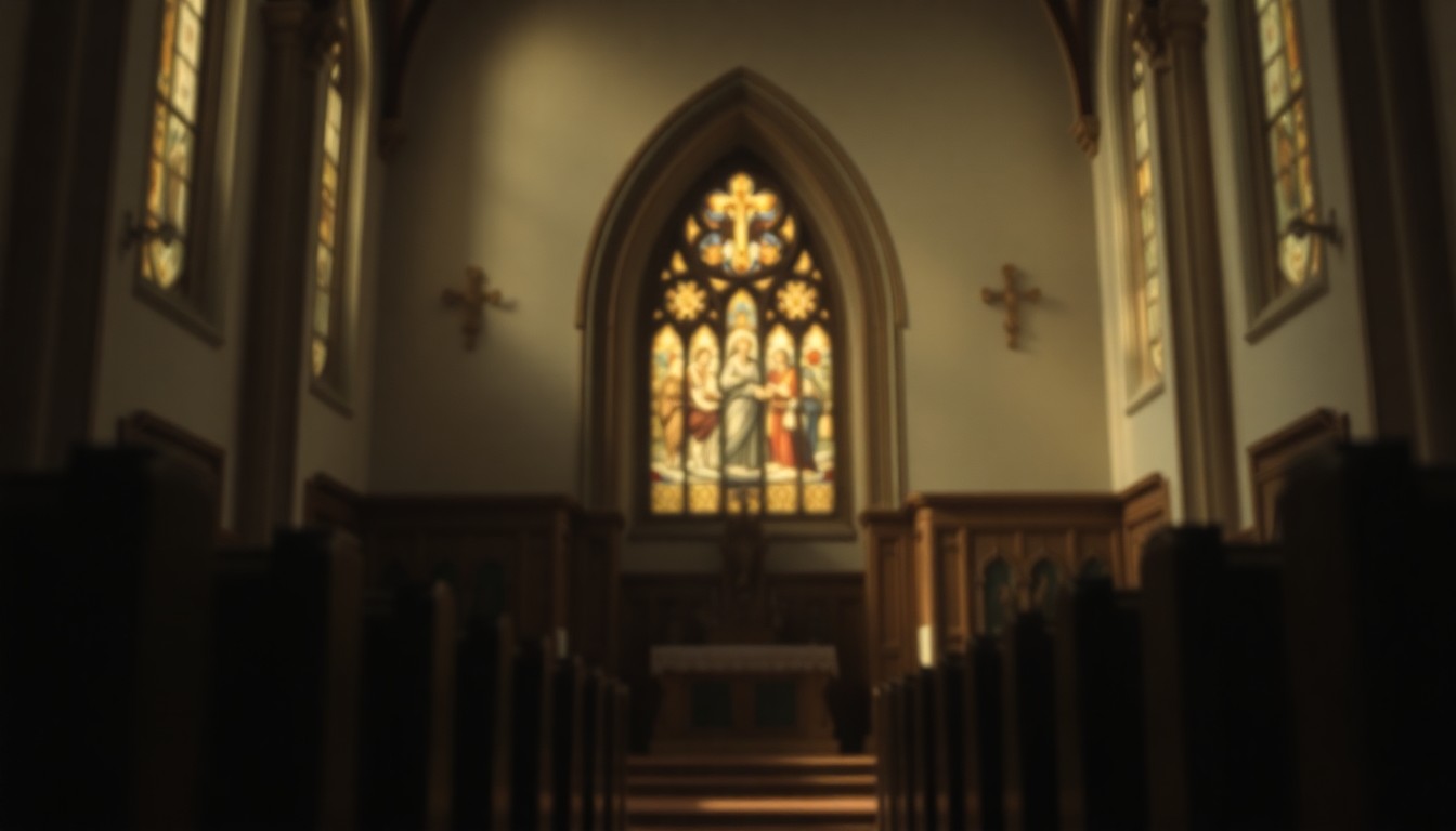 An extremely abstracted, out-of-focus photograph in soft, warm tones depicting the interior of a church, with a stained glass window casting a gentle glow, conceptually representing the deep Christian faith that guided Beth Harker's life.
