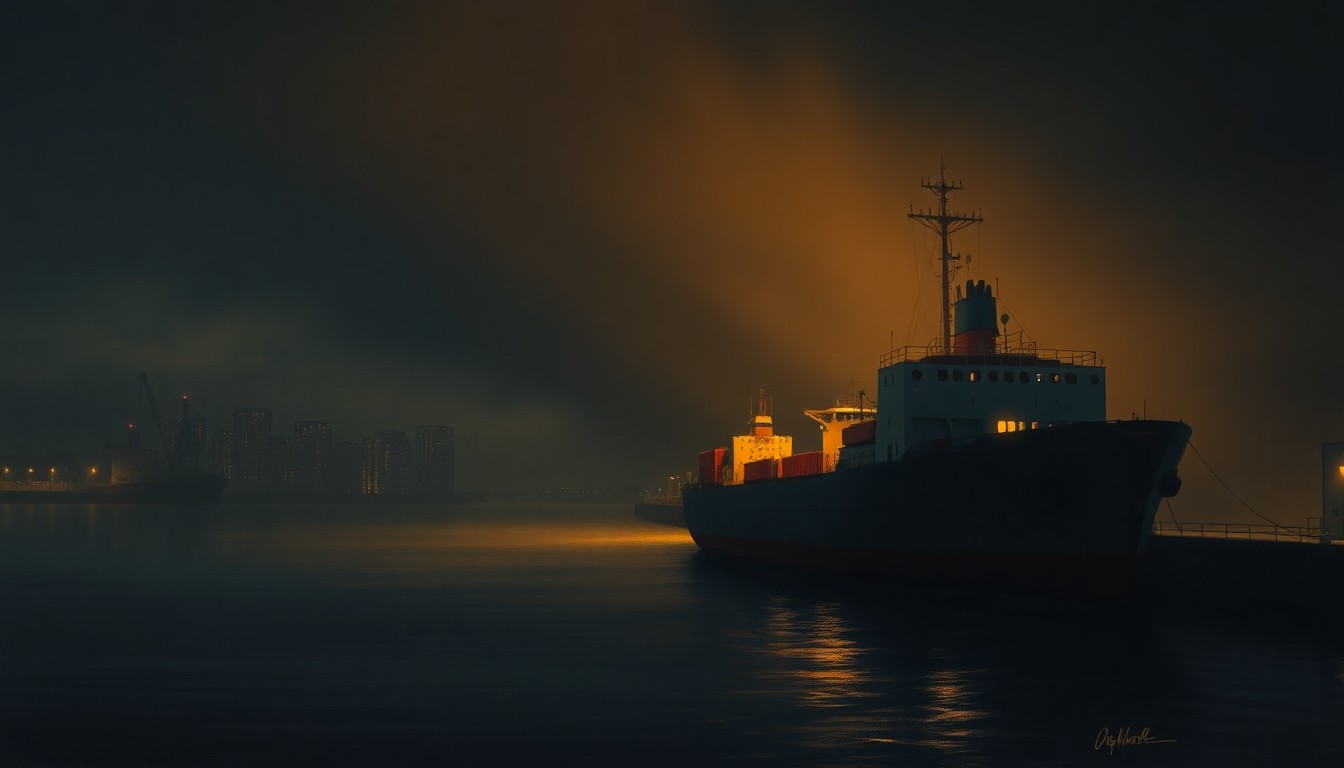 A serene, photorealistic painting of a large cargo ship docked along an urban waterfront, with the ship's silhouette casting long shadows across the water and surrounding buildings under a warm, golden sunset light.