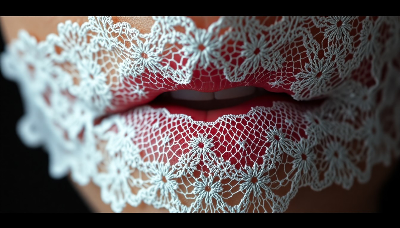 An abstract close-up photograph of shimmering, textured lace material in high-contrast studio lighting, conveying the luxurious, glamorous aesthetic of the 'lace lips' makeup trend.