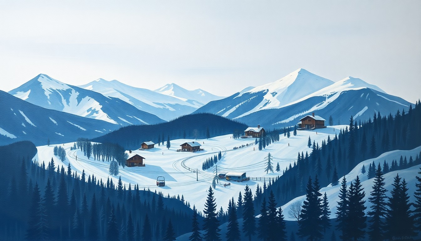 A cubist-style painting depicting a fragmented, geometric scene of a ski resort, with sharp planes of blue, white, and grey hues representing the slopes, lifts, and buildings.