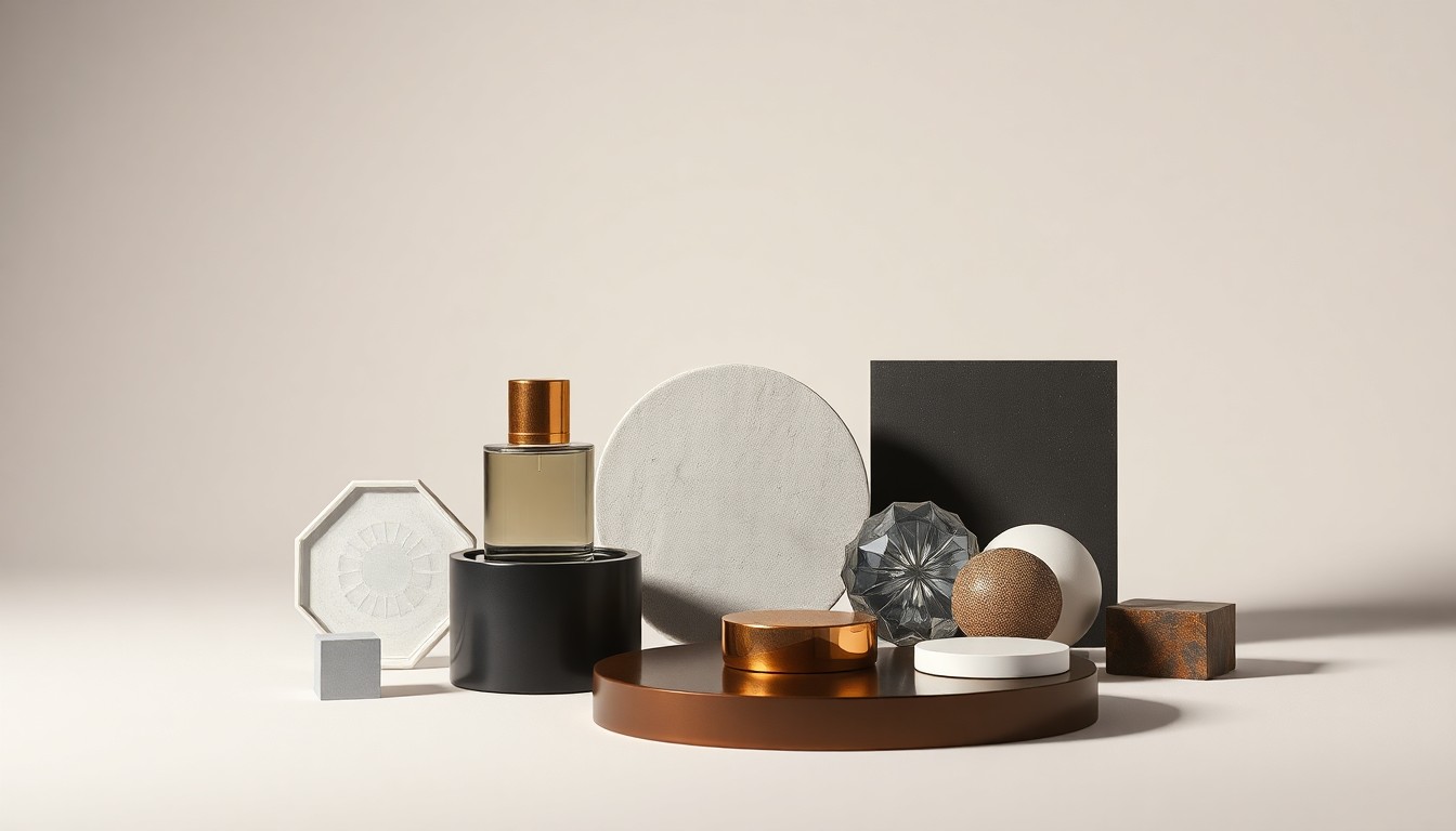 A high-end studio still life photograph featuring a collection of polished, geometric shapes and premium materials arranged elegantly on a clean, monochromatic background, conceptually representing the refined, upscale lifestyle of the NorthGrove community.