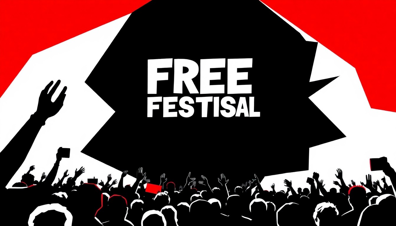 An abstract, minimalist illustration using bold, jagged shapes in red, white, and black to conceptually represent the energy and activism of a large-scale music festival focused on free expression.