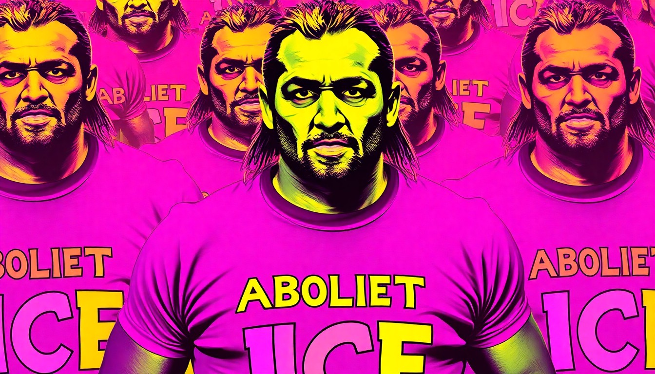 A brightly colored, high-contrast silkscreen print of an 'Abolish ICE' t-shirt worn by a wrestler, repeated in a tight grid pattern, conceptually representing the comic shop's fundraiser for a local refugee organization.