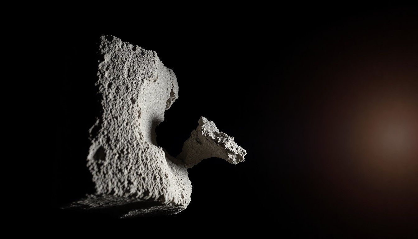 An extreme close-up photograph of a twisted, damaged piece of concrete construction material, conceptually illustrating the instability and hazards of the partially collapsed parking garage structure.