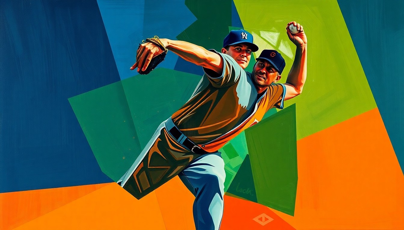 A fragmented, geometric painting depicting a baseball pitcher's throwing motion, with sharp planes of navy, green, and orange overlapping to create a dynamic, abstract composition.