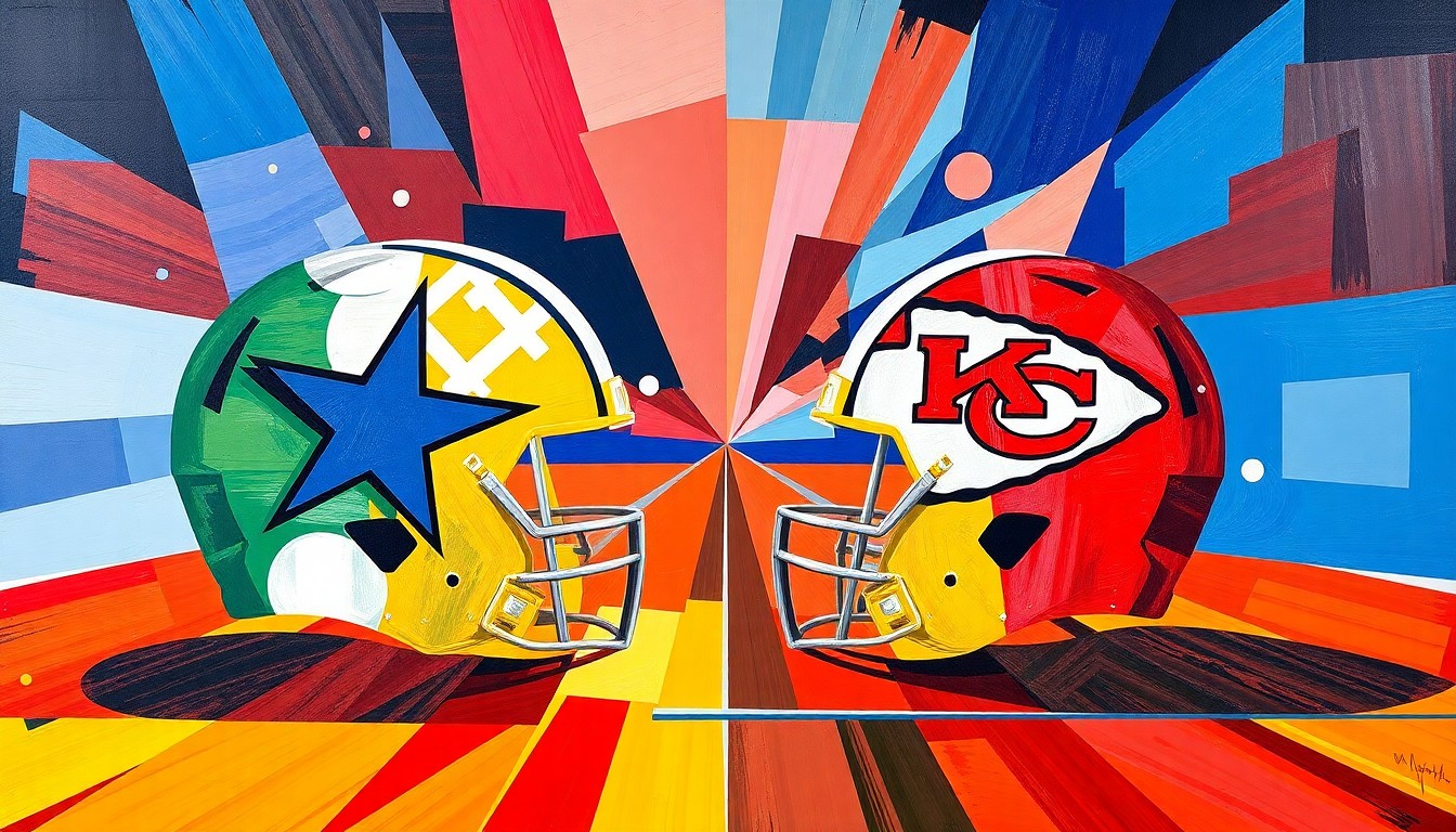A fractured, multi-perspective painting featuring sharp, overlapping geometric planes in the colors of the Cowboys and Chiefs, conceptually representing the competition between the two teams for a top defensive prospect in the upcoming NFL Draft.