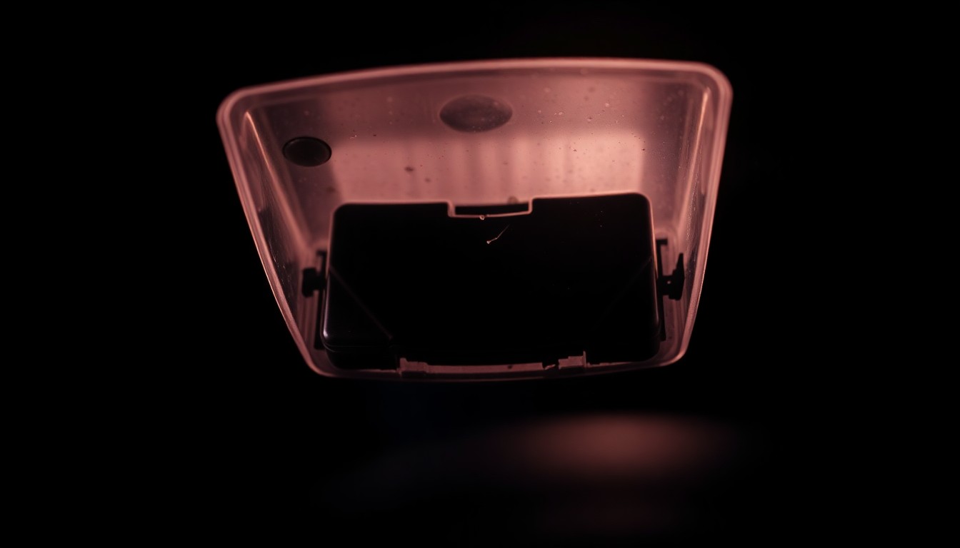An extreme close-up photograph of a damaged car sensor or dashboard component, lit by a harsh, direct camera flash against a pitch-black background, conceptually illustrating the aftermath of a dangerous police pursuit.