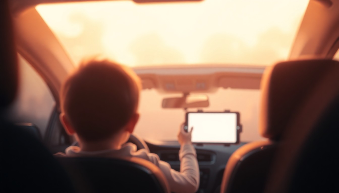A blurred, atmospheric photograph showing the interior of a car, with the faint outline of a child's silhouette visible in the backseat and the soft glow of a mounted tablet screen in the foreground, conveying the cozy, intimate mood of a parent-child road trip.