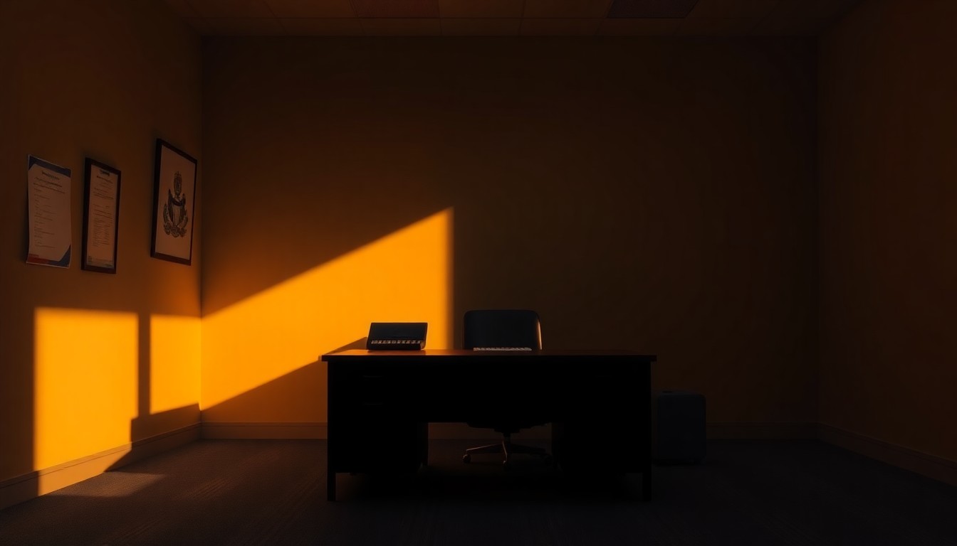 A dimly lit government office desk with a lone chair, the surface reflecting a soft, warm glow from a window, conceptually illustrating the tension between state and federal control over social welfare data.